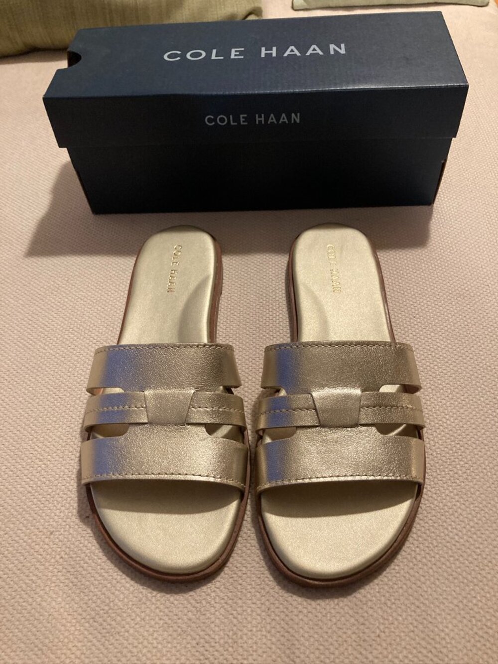 Cole Haan Flynn Slotted Slide Sandals 8 • Soft Gold Leather Slip-On NEW! - Picture 3 of 7